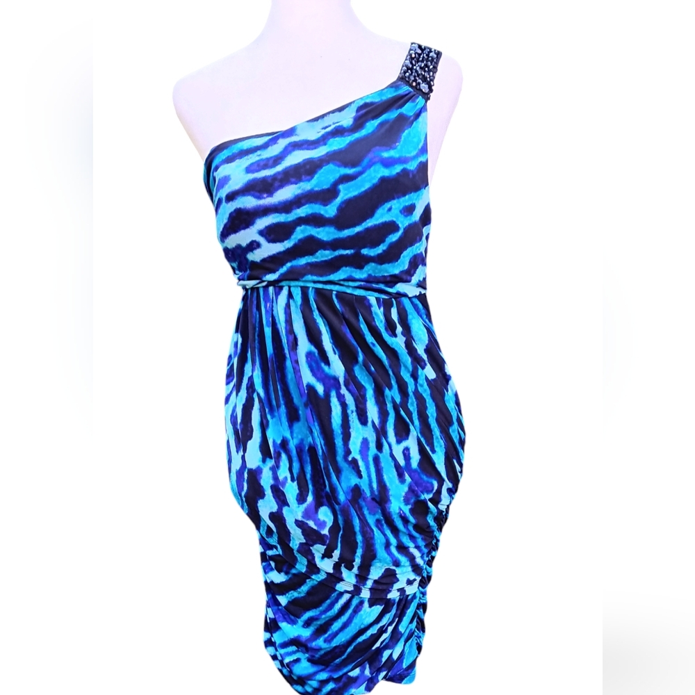 One shoulder blue animal print mini dress -- size small